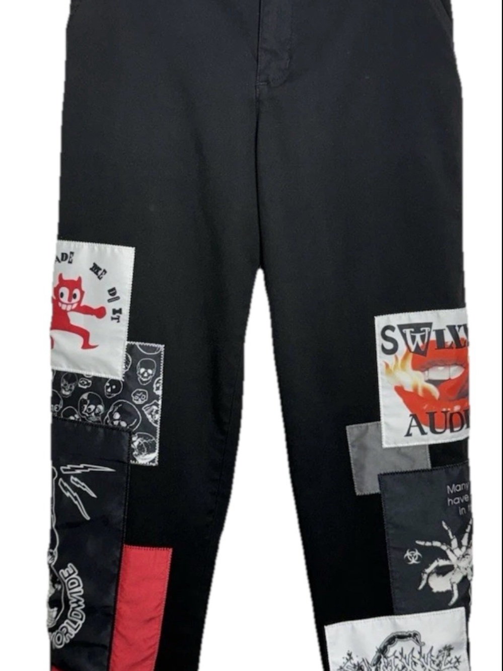 Swixxz Black Punk Patchwork Graphic Mens Pants with Red Accents Small